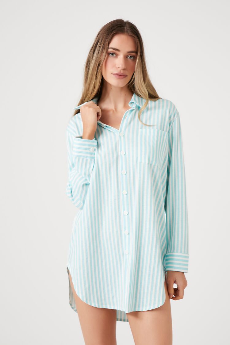 Forever 21 Women's Striped Patch-Pocket Pajama Night Spring/Summer Dress Powder Blue/White