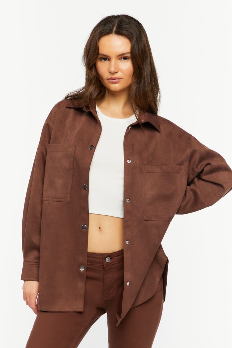 Forever 21 Women's Faux Suede Snap-Button Shacket Brown
