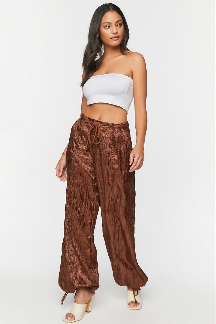 Forever 21 Women's Crinkled Drawstring Parachute Pants Dark Cocoa