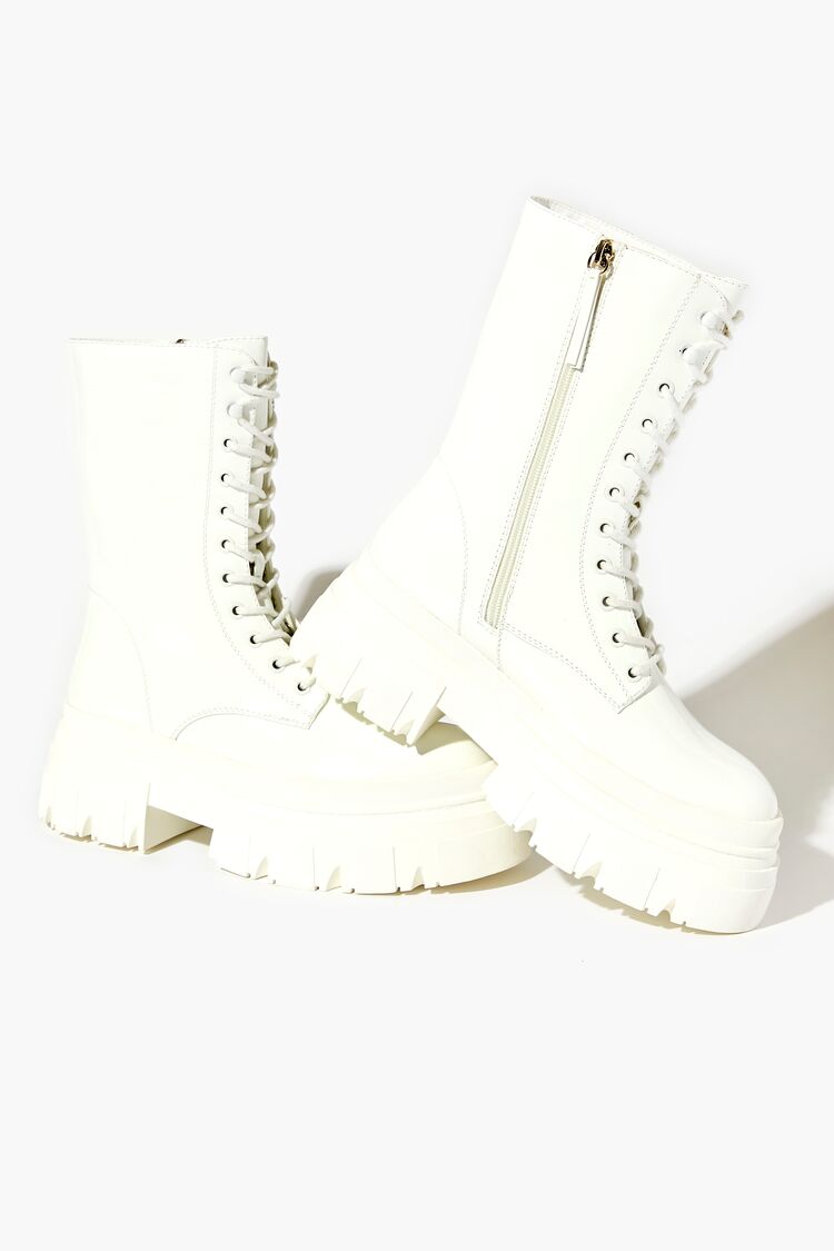 Forever 21 Women's Faux Patent Leather/Pleather Combat Boots White