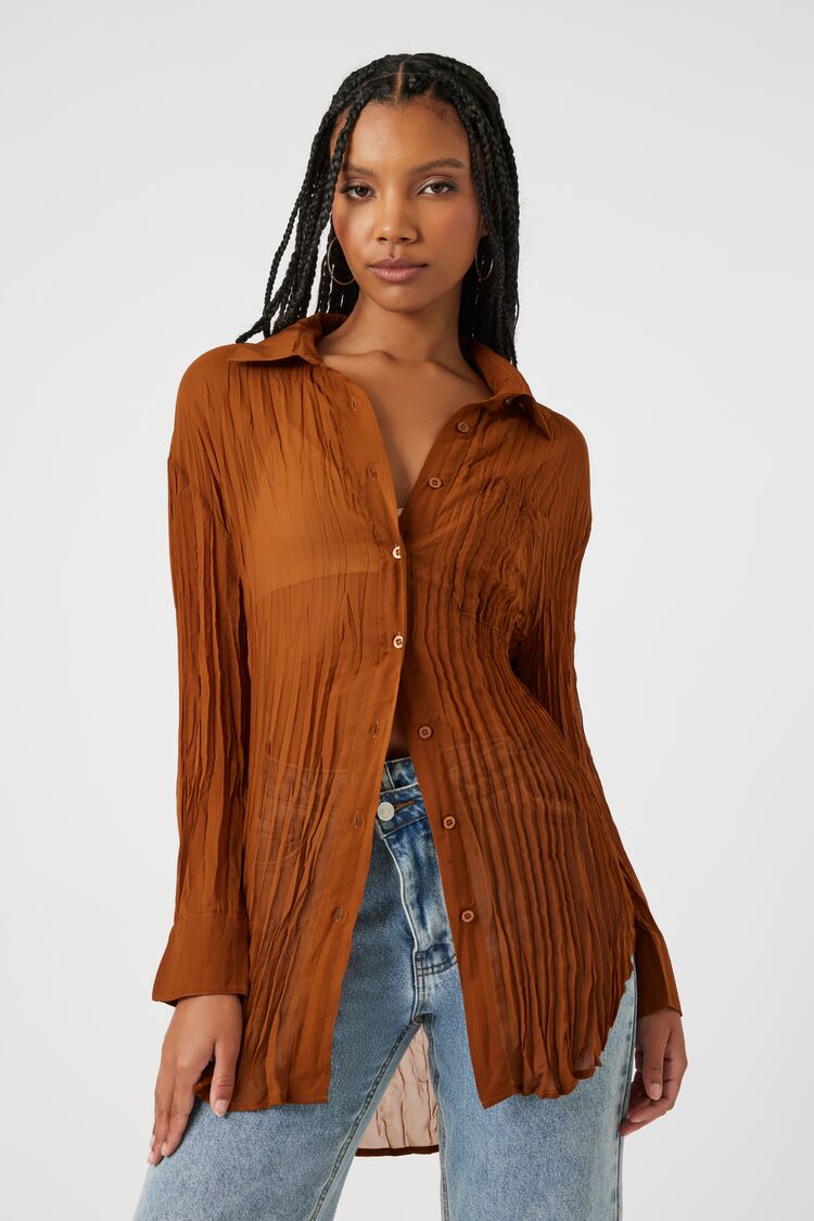 Forever 21 Women's Sheer Crinkled Oversized High-Low Shirt Brown