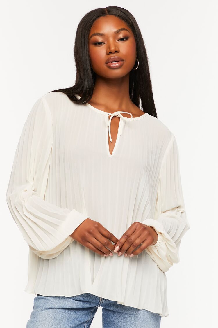 Forever 21 Women's Pleated Peasant-Sleeve Top Vanilla