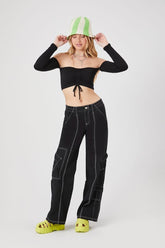 Forever 21 Women's Contrast-Seam Cargo Pants Black/White