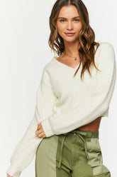 Forever 21 Knit Women's V-Neck Cropped Sweater Vanilla