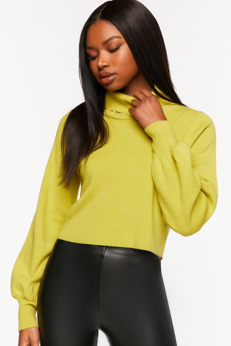 Forever 21 Women's Lantern-Sleeve Turtleneck Top Green Apple