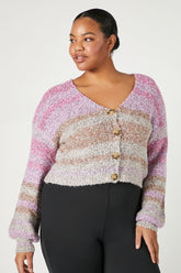 Forever 21 Knit Plus Women's Fuzzy Striped Cardigan Sweater Pink/Multi