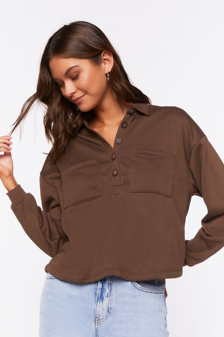 Forever 21 Women's Half-Button Long-Sleeve Shirt Brown