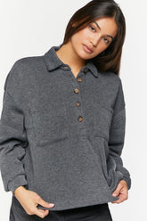 Forever 21 Women's Half-Button Long-Sleeve Shirt Charcoal