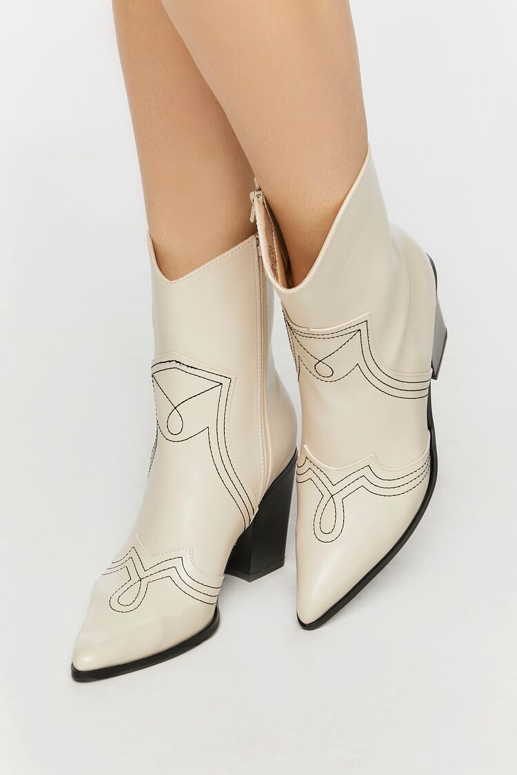 Forever 21 Women's Faux Leather/Pleather Contrast Cowboy Boots White