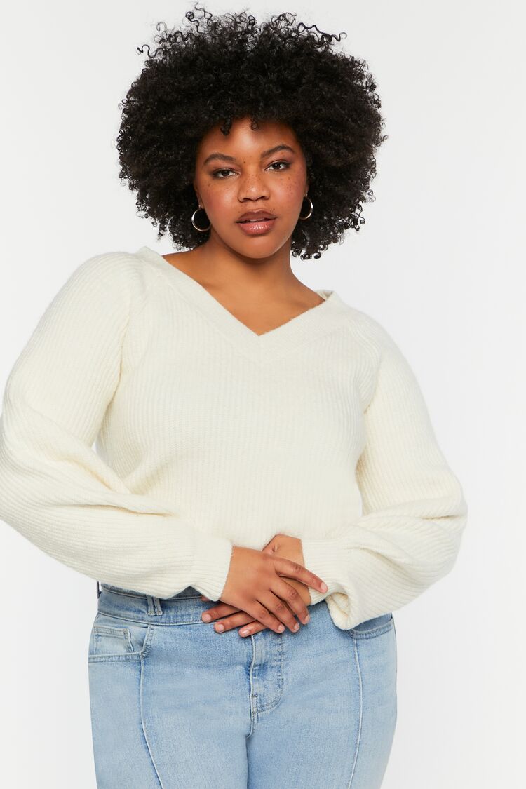 Forever 21 Plus Women's Purl Knit V-Neck Sweater Vanilla