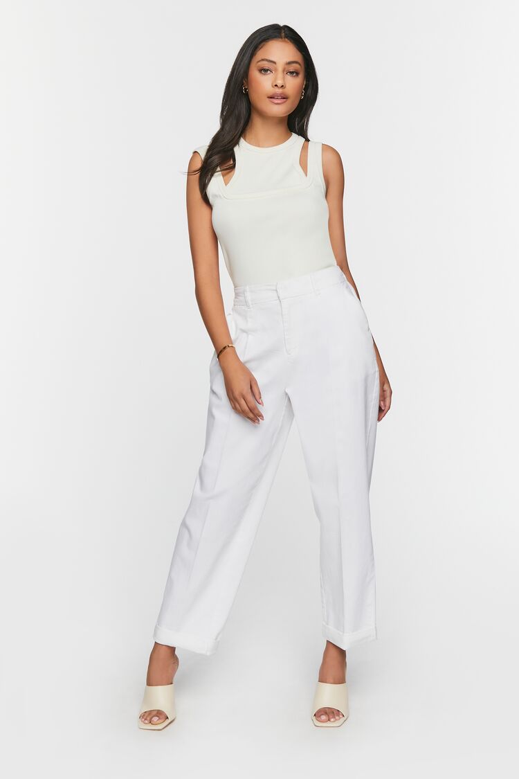 Forever 21 Women's Straight-Leg Cuffed Ankle Pants White