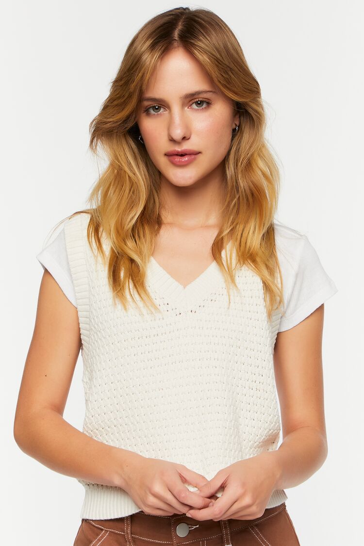 Forever 21 Women's Sweater-Knit V-Neck Vest Vanilla