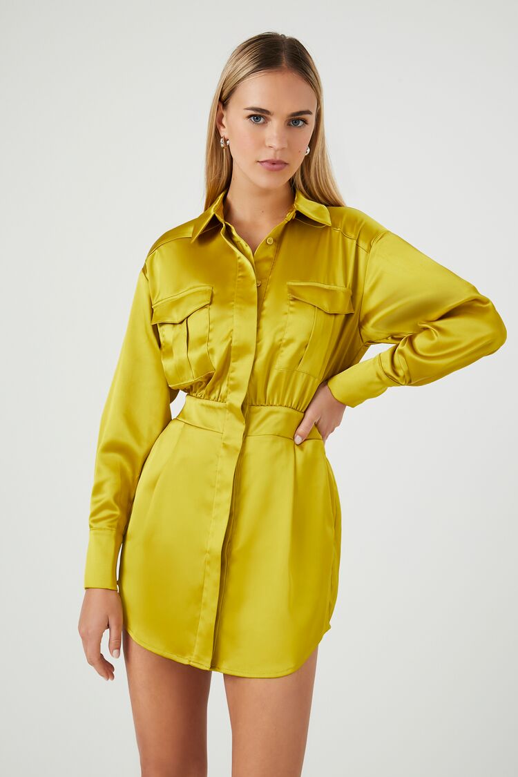 Forever 21 Women's Satin Mini Shirt Dress Olivine