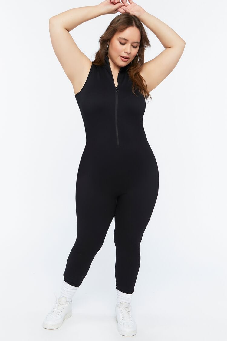 Forever 21 Plus Women's Seamless Sleeveless Zip-Up Jumpsuit Black