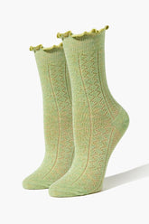 Forever 21 Women's Pointelle Lettuce-Edge Crew Socks Green