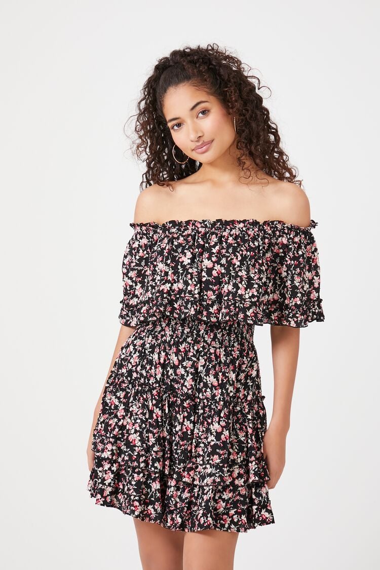 Forever 21 Women's Floral Off-the-Shoulder Mini Spring/Summer Dress Black/Multi