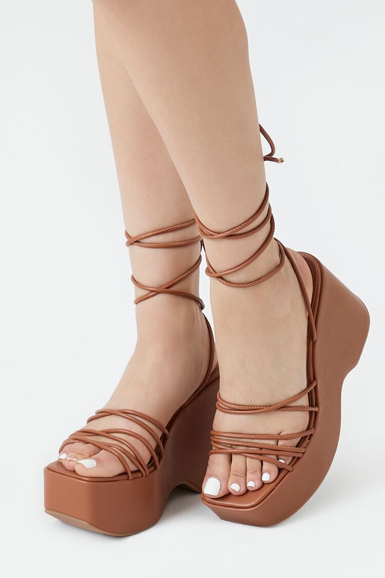 Forever 21 Women's Strappy Lace-Up Platform Wedges Tan