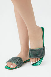 Forever 21 Women's Square-Toe Rhinestone Flat Sandals Green