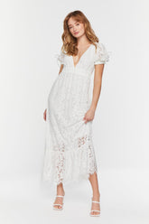 Forever 21 Women's Plunging Lace Maxi Long Dress White