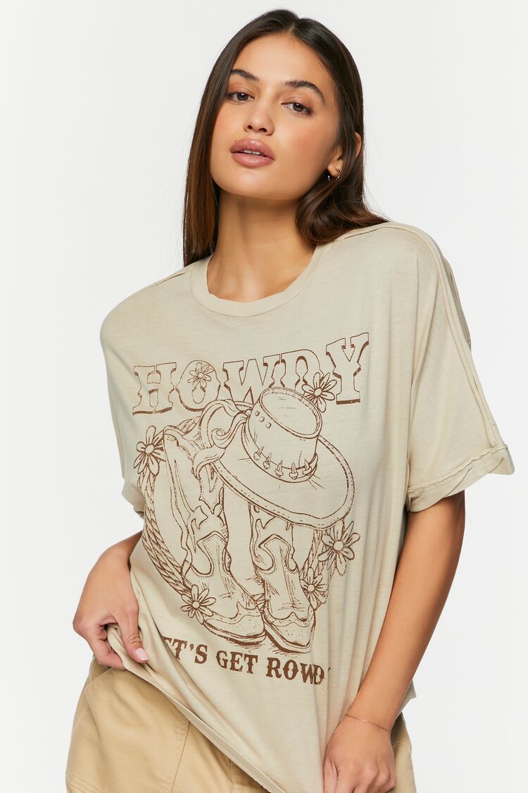 Forever 21 Women's Howdy Graphic T-Shirt Taupe/Multi