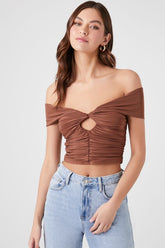 Forever 21 Women's Off-the-Shoulder Shirred Crop Top Brown