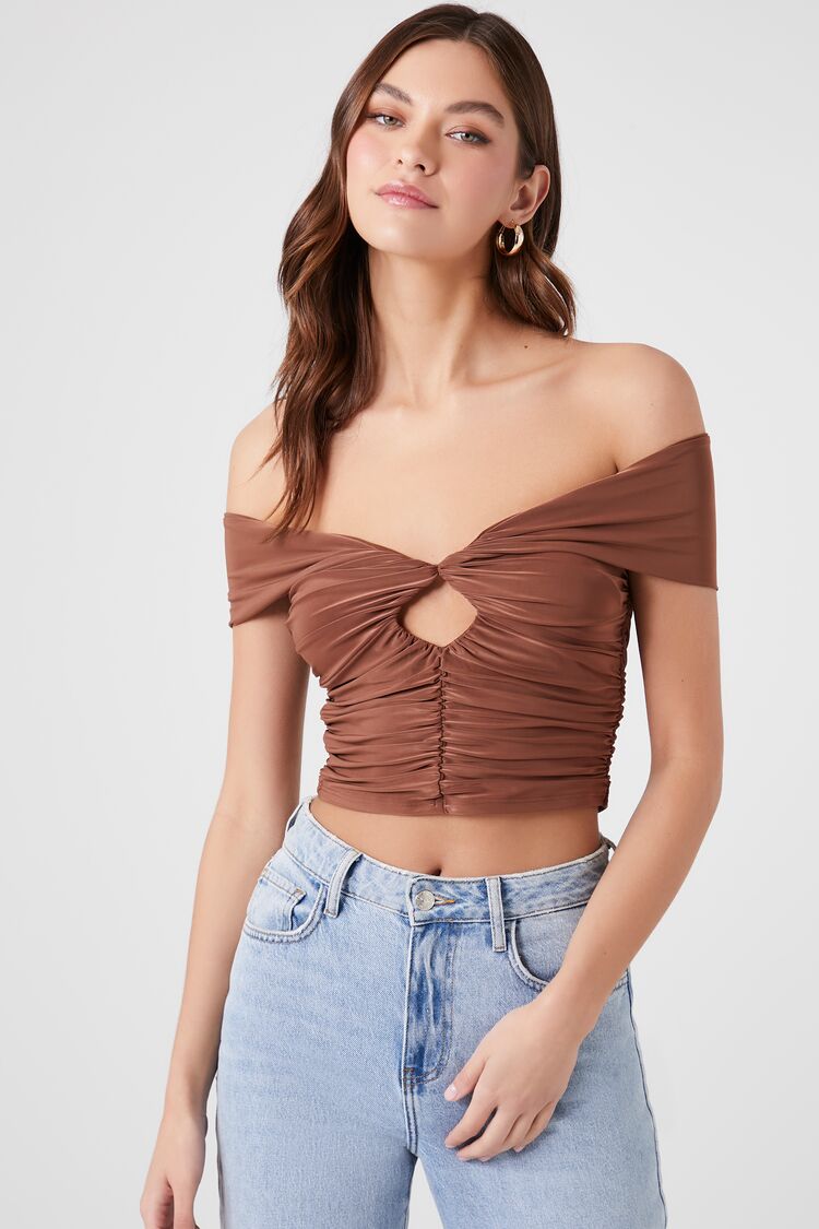 Forever 21 Women's Off-the-Shoulder Shirred Crop Top Brown