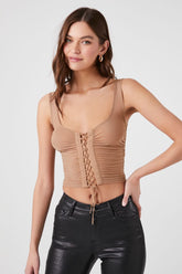 Forever 21 Women's Sheer Lace-Up Cropped Tank Top Brown