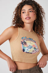 Forever 21 Women's Malibu Graphic Cropped Tank Top Tan/Multi