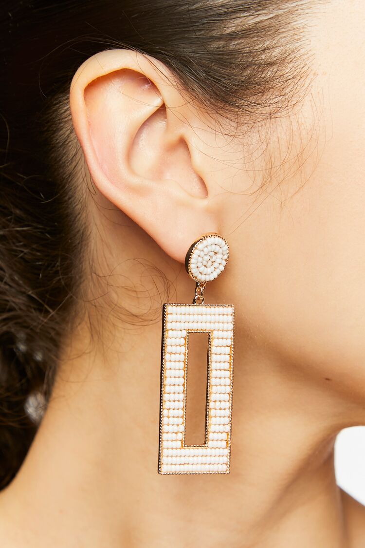 Forever 21 Women's Beaded Rectangular Drop Earrings Gold/White