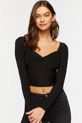 Forever 21 Women's Twist-Front Long-Sleeve Crop Top Black