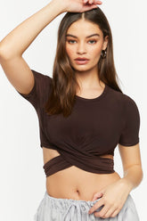 Forever 21 Women's Short-Sleeve Crossover Crop Top Dark Brown