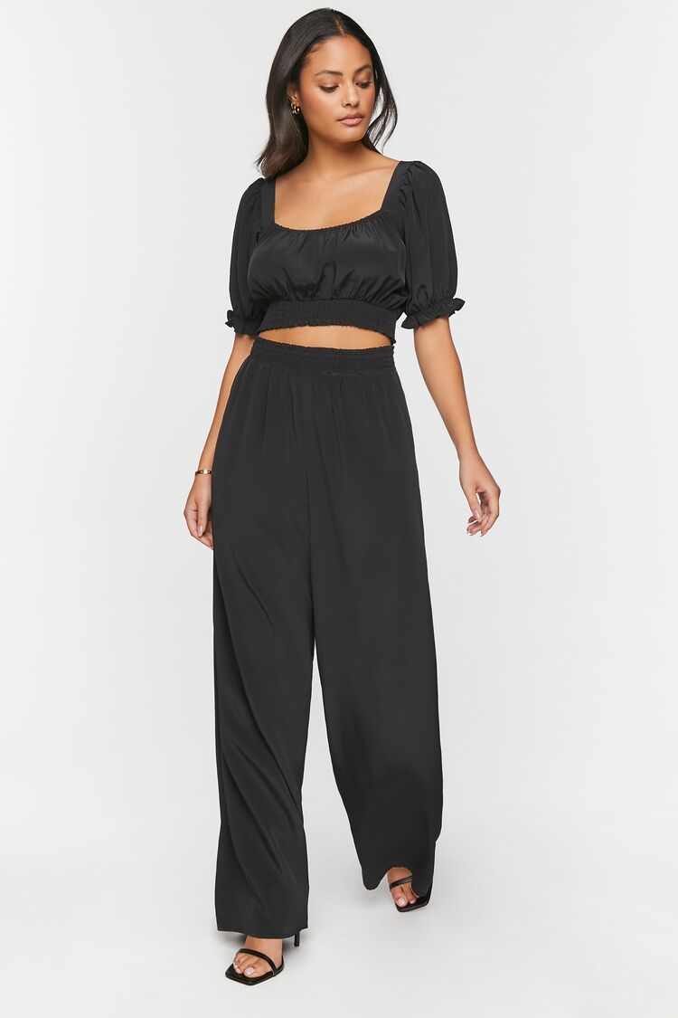 Forever 21 Women's Puff-Sleeve Crop Top & Wide-Leg Pants Set Black