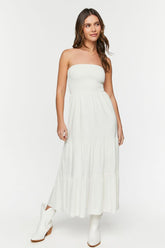 Forever 21 Women's Smocked Tiered Tube Maxi Long Dress Ivory