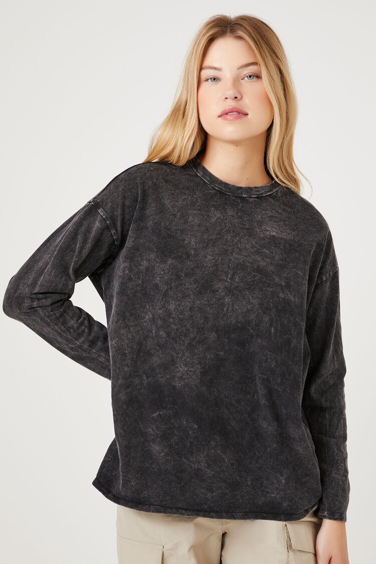 Forever 21 Women's Mineral Wash Long-Sleeve Top Charcoal