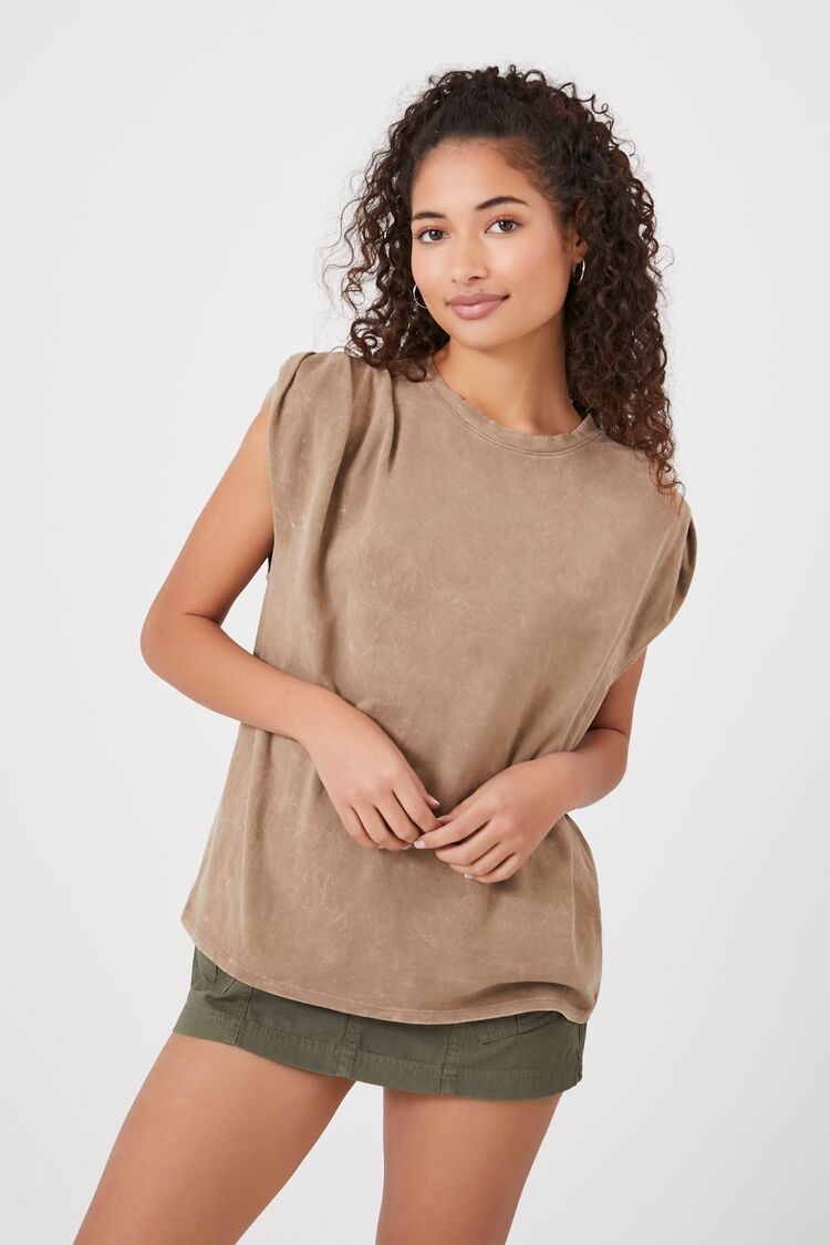 Forever 21 Women's Pintucked Mineral Wash T-Shirt Taupe