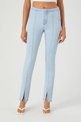 Forever 21 Women's Seamed Split-Hem Straight Jeans Light Denim