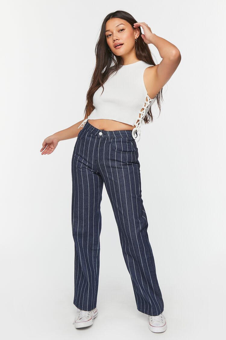 Forever 21 Women's Pinstripe Straight-Leg Jeans Dark Denim/White