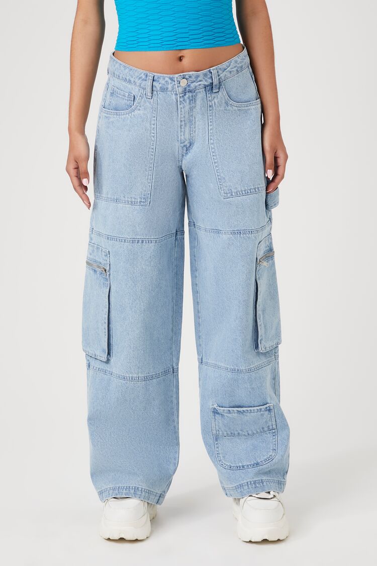 Forever 21 Women's Denim Cargo Jeans Light Denim