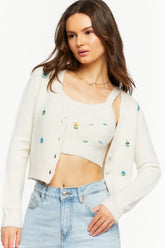 Forever 21 Knit Women's Floral Beaded Cardigan Sweater Ivory