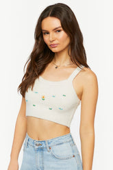 Forever 21 Women's Floral Beaded Cropped Tank Top Ivory