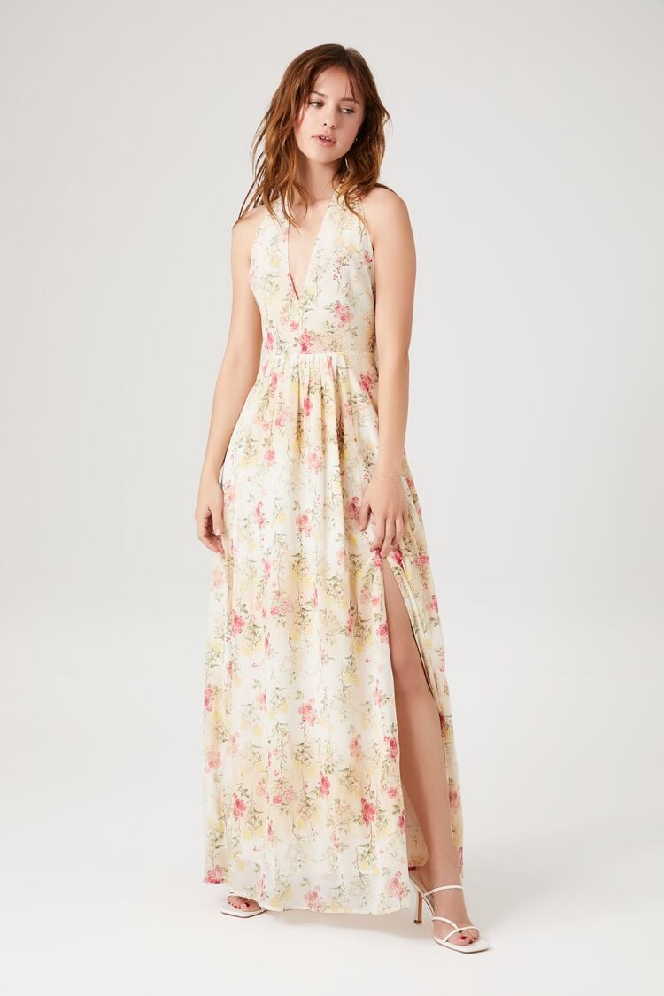 Forever 21 Women's Floral Print Plunging Maxi Long Spring/Summer Dress Ivory/Multi