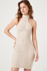 Forever 21 Women's Open-Knit Halter Mini Spring/Summer Dress Sand