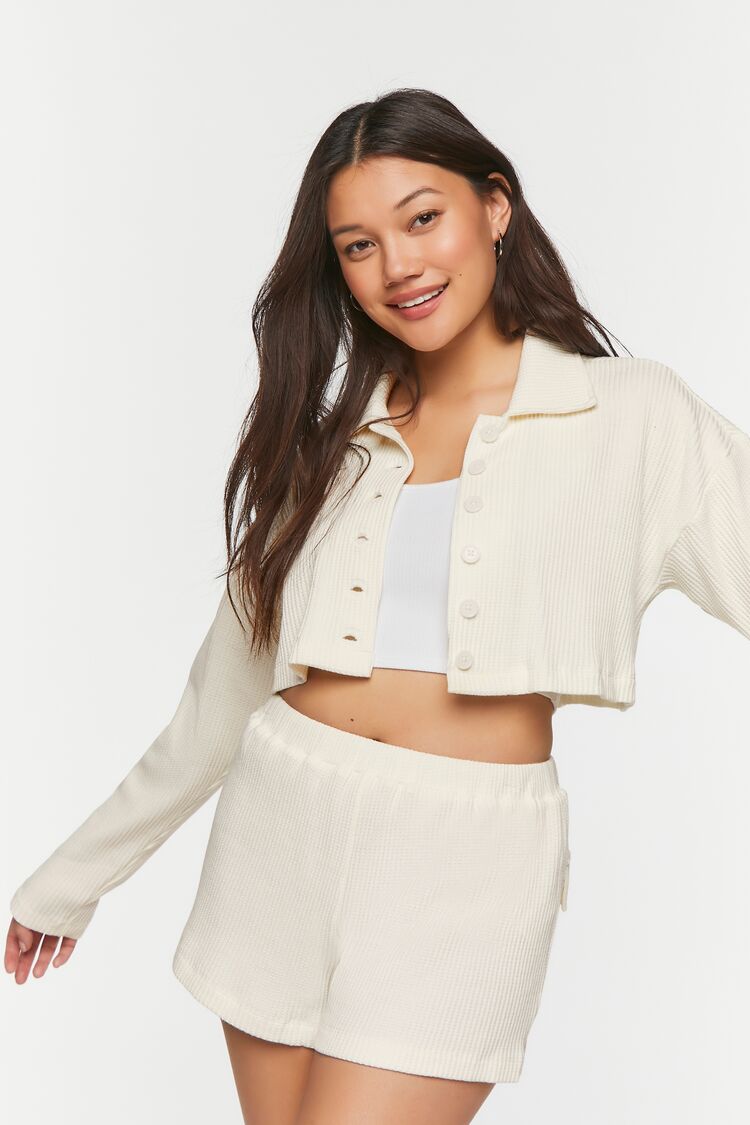 Forever 21 Women's Cropped Waffle Knit Shirt & Shorts Set Cream