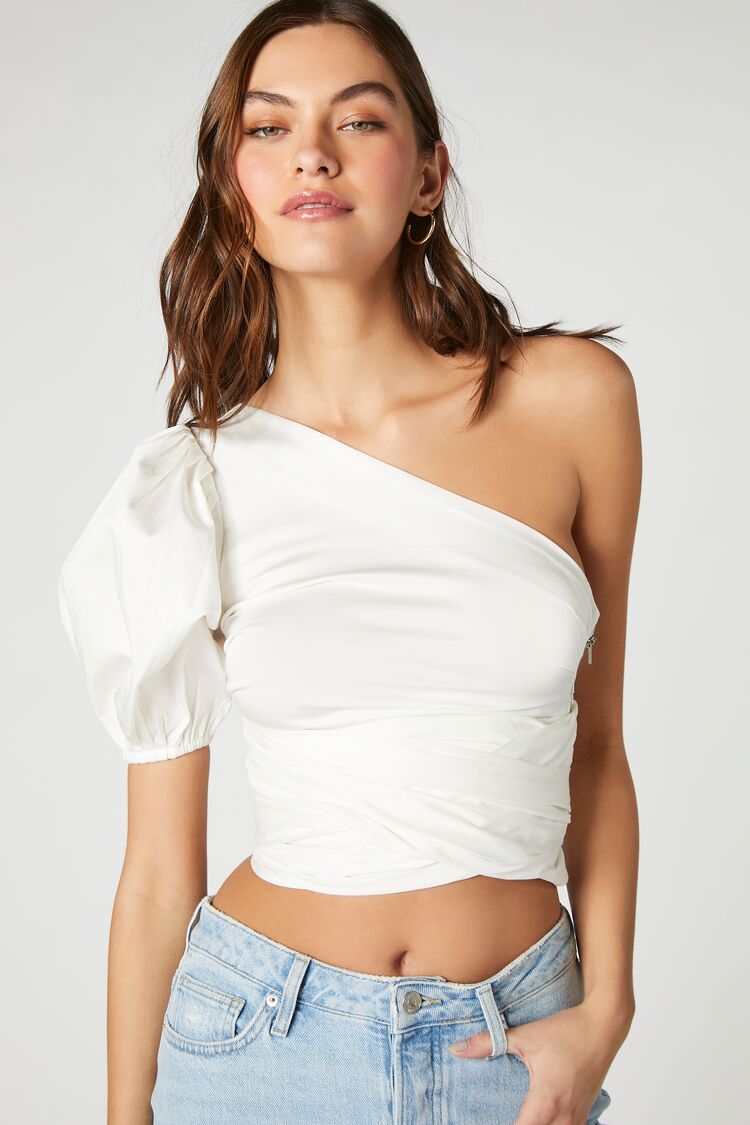 Forever 21 Women's One-Shoulder Puff-Sleeve Crop Top White