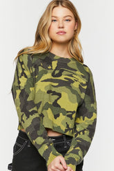 Forever 21 Knit Women's Camo Cropped Sweater Green/Multi