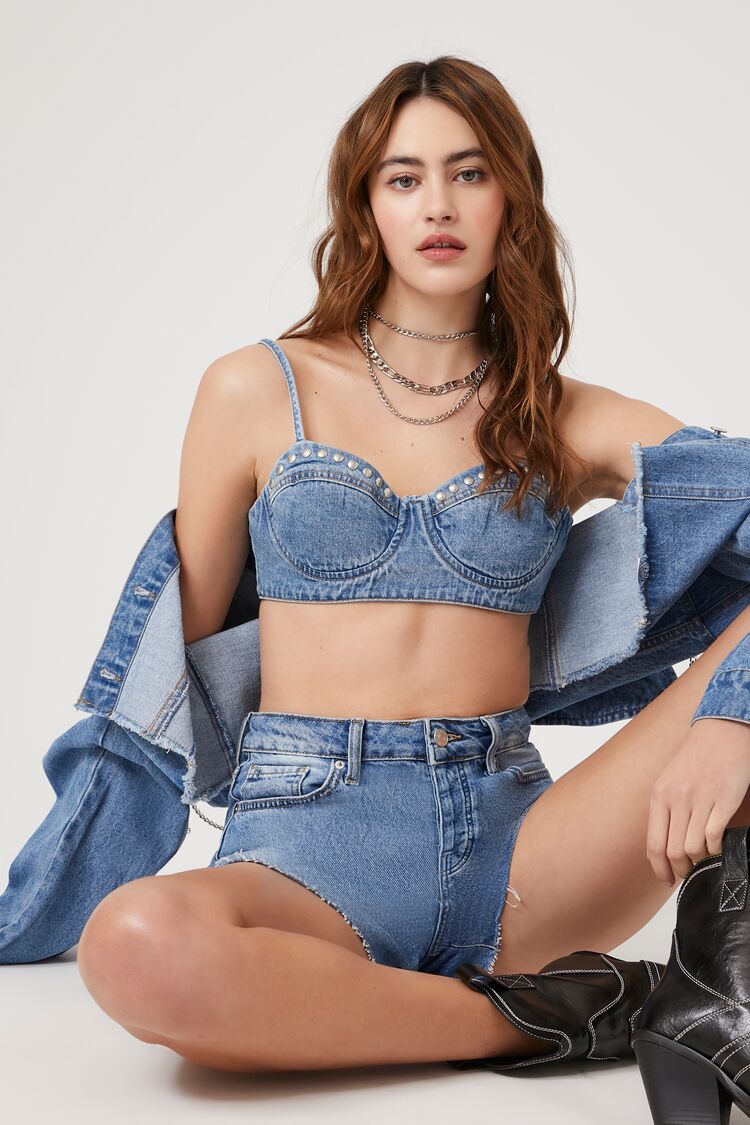 Forever 21 Women's Studded Sweetheart Denim Bralette Denim Washed