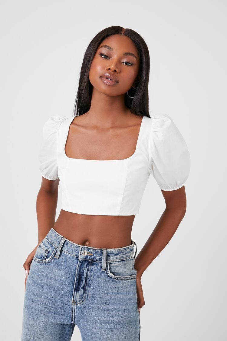 Forever 21 Women's Poplin Cutout Crop Top White