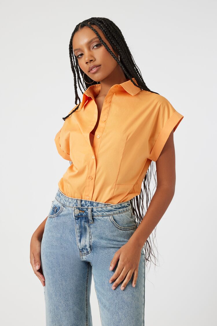 Forever 21 Women's Poplin Cuffed Shirt Bodysuit Orange