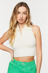 Forever 21 Women's Sleeveless Halter Sweater-Knit Crop Top Cream