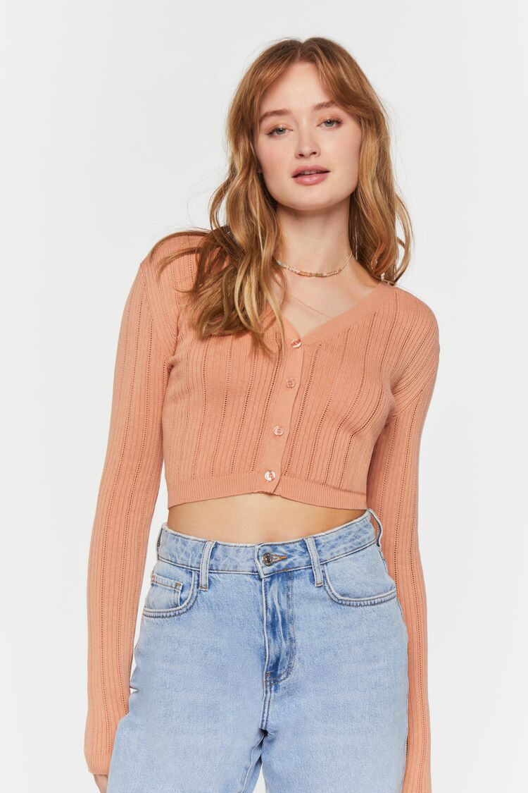 Forever 21 Knit Women's Lace-Up Cropped Cardigan Sweater Tan